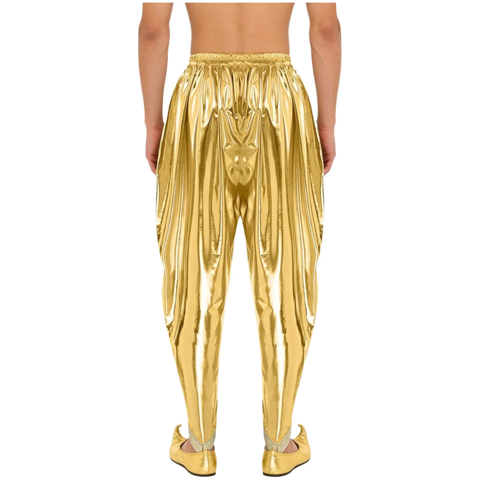Men's Metallic Shiny Harem Dhoti Pants Gold Brocade Trim Prince Cosplay Costume