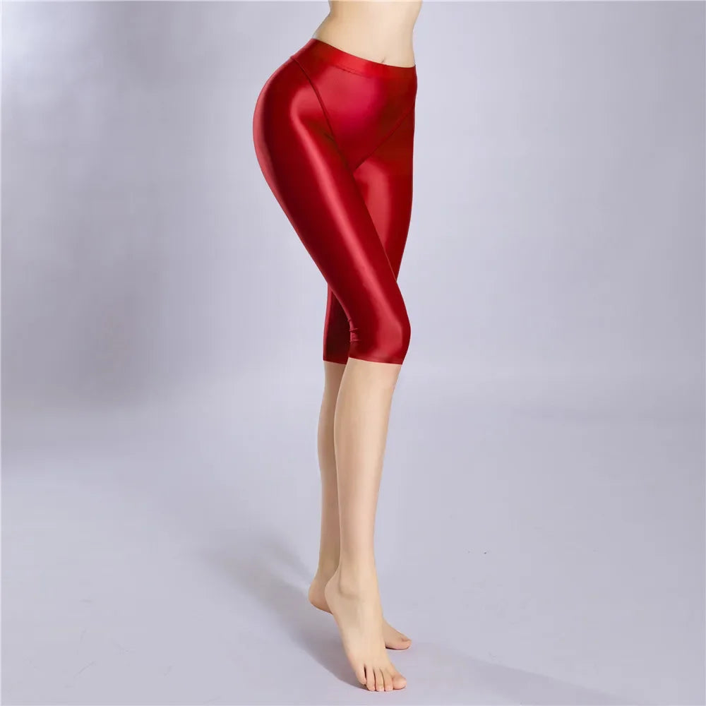 Women Shaping Short Stain Smooth Oil Glossy Shiny Elastic Shorts Sheer See Through Casual Plus Size Tight Yoga Short Maid Pant