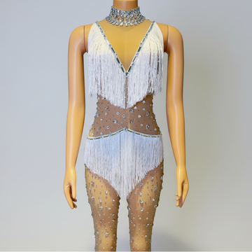 Silver Shattered Rhinestone Tassel Bodysuit Sheer Illusion Stage Jumpsuit