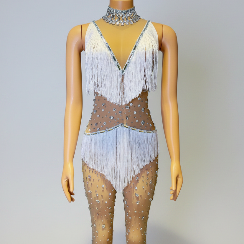 Silver Shattered Rhinestone Tassel Bodysuit Sheer Illusion Stage Jumpsuit