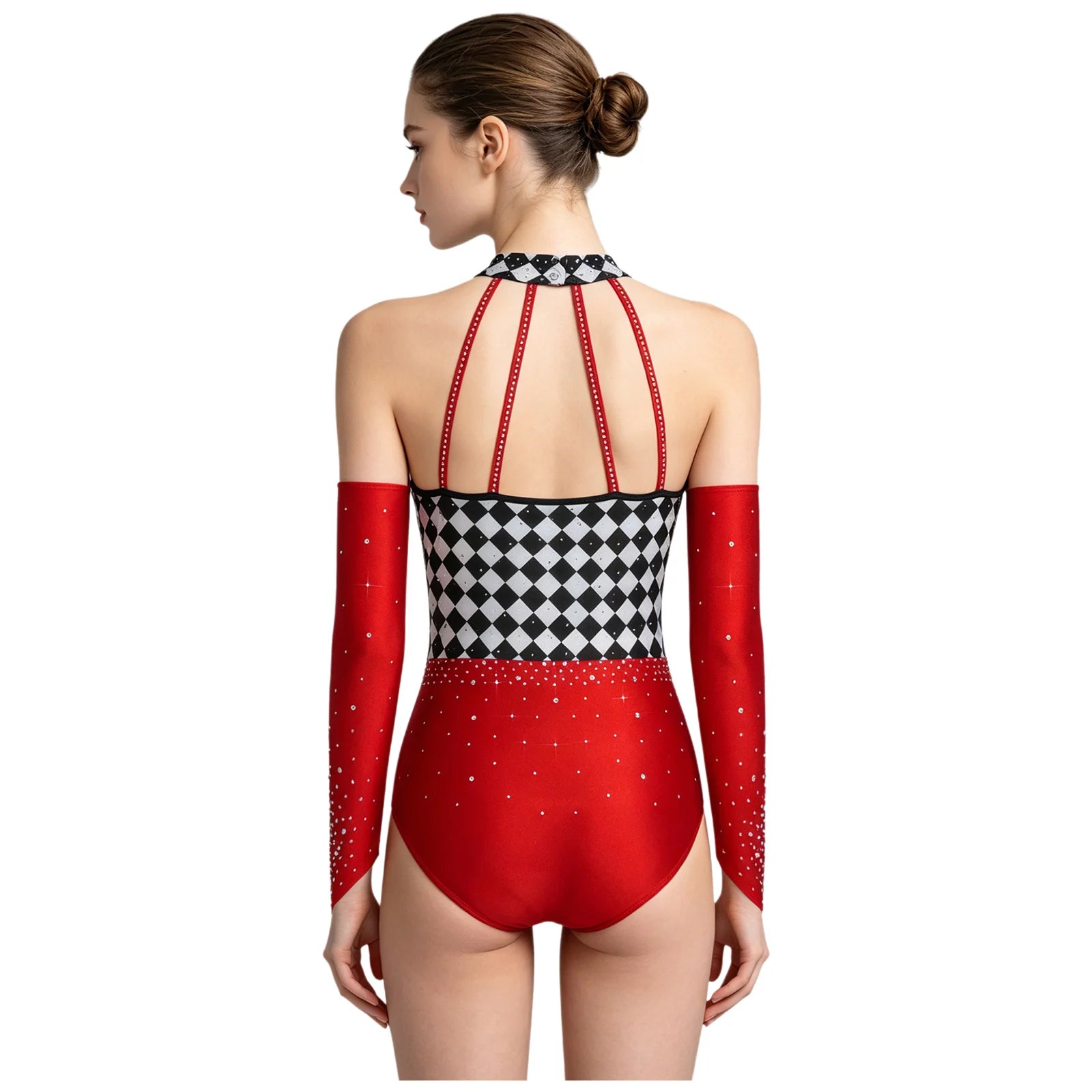 Queen of Hearts Rhinestone Halter Bodysuit & Sleeves Checkered Circus Stage Costume Set