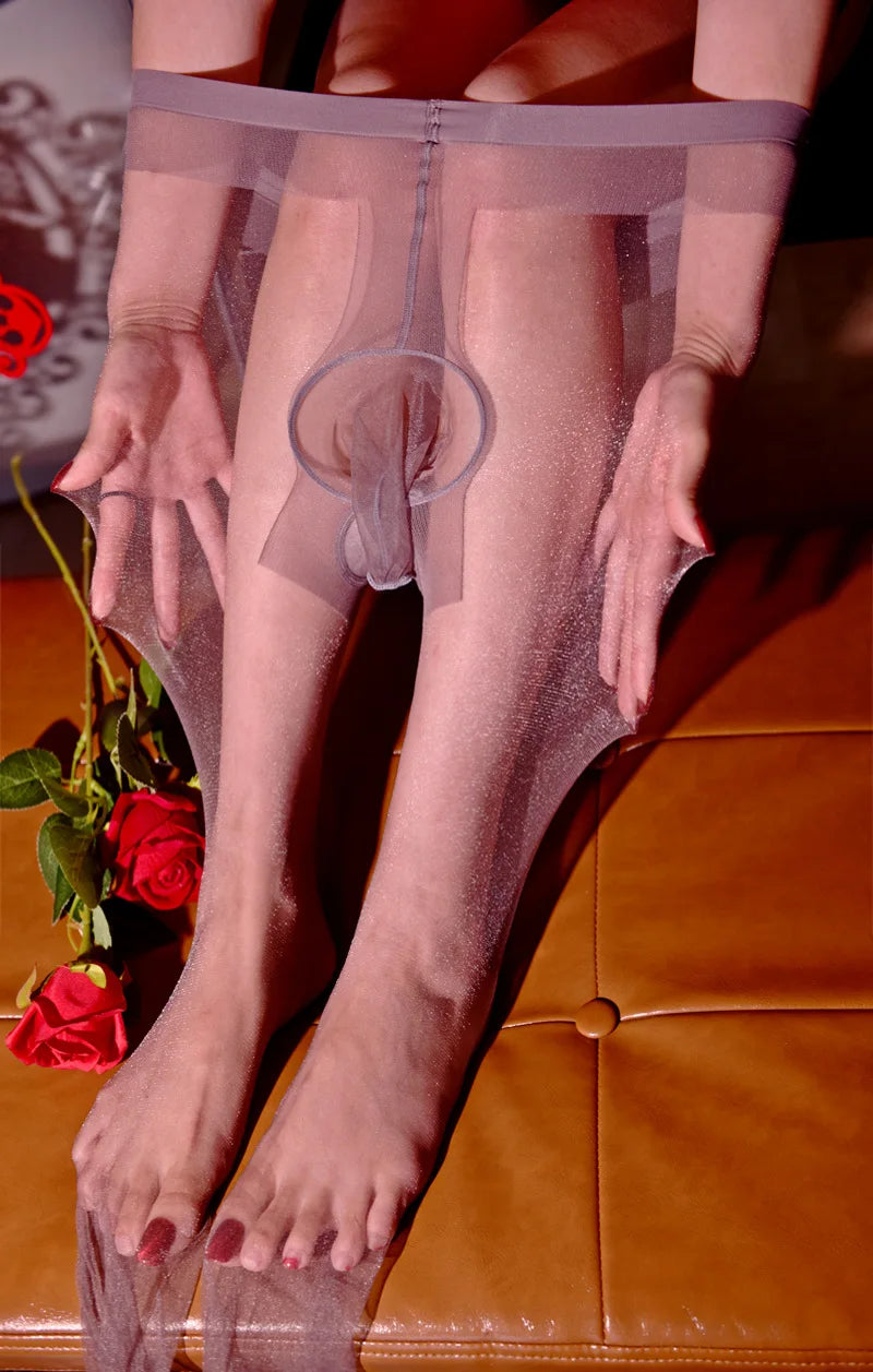 Sexy Men Oil Gloosy See Through U Convex Pouch Stockings Penis Open Close Sleeve Stockings Sheer Shiny Pantyhose Tight Plus Size