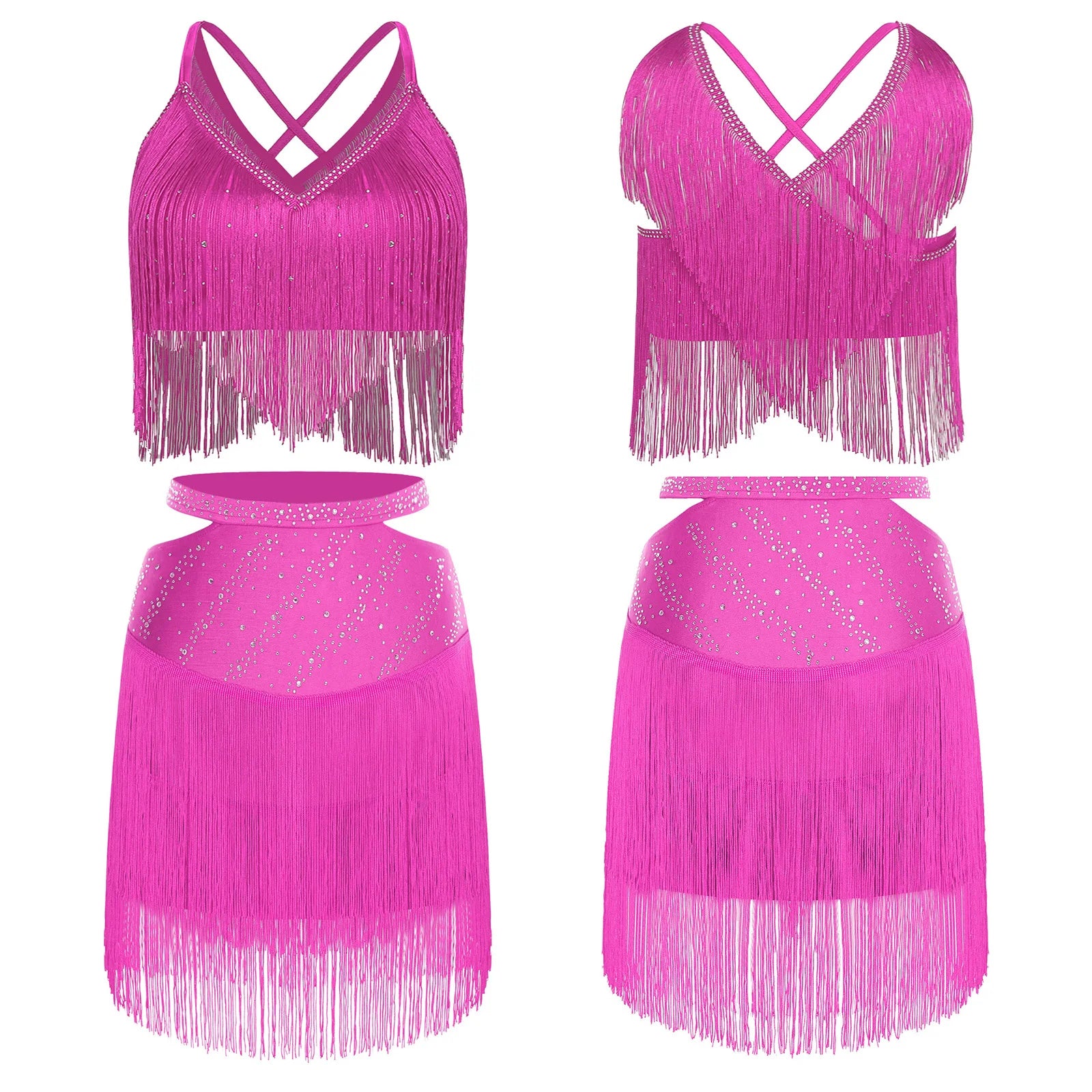 Sparkly Rhinestone & Tassel Fringe Two-Piece Latin Tango Dance Outfit Set