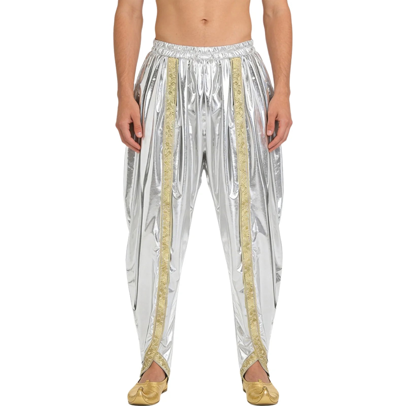 Men's Metallic Shiny Harem Dhoti Pants Gold Brocade Trim Prince Cosplay Costume