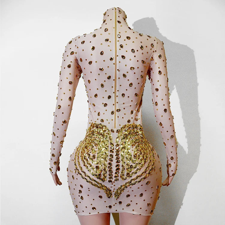 Crystal Rhinestone Mesh Long Sleeve Vintage Inspired Dress with Sequins and Skirt