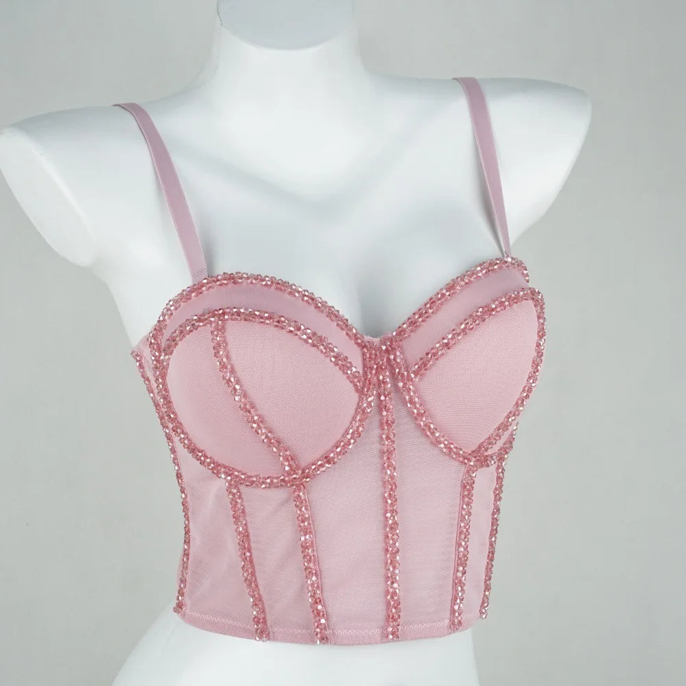 Pearl Beaded Bustier Corset Crop Top Push-Up Evening Party Camisole