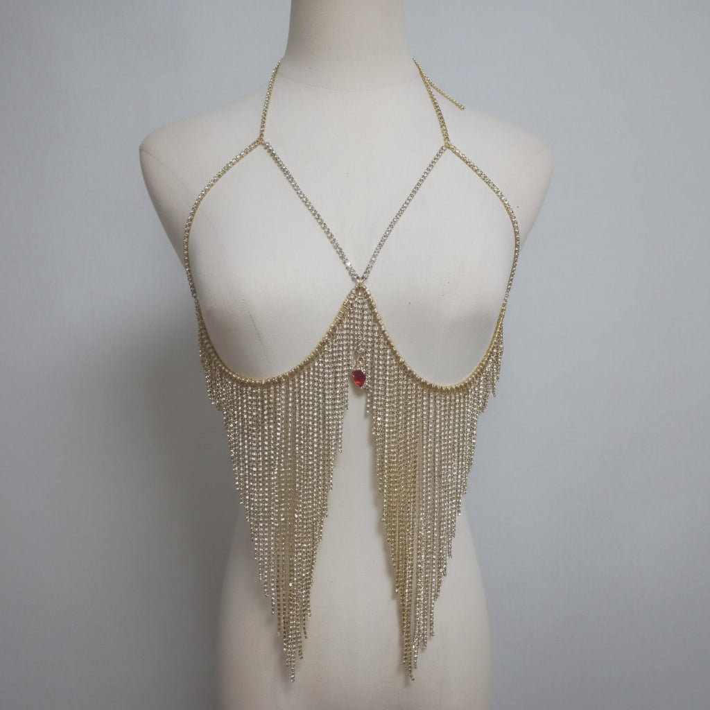 Dazzling Crystal Tassel Bikini Bra Chain & Love Pendant Chest Jewelry