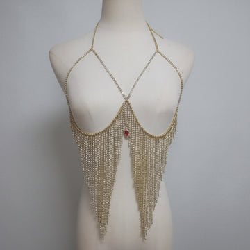 Dazzling Crystal Tassel Bikini Bra Chain & Love Pendant Chest Jewelry
