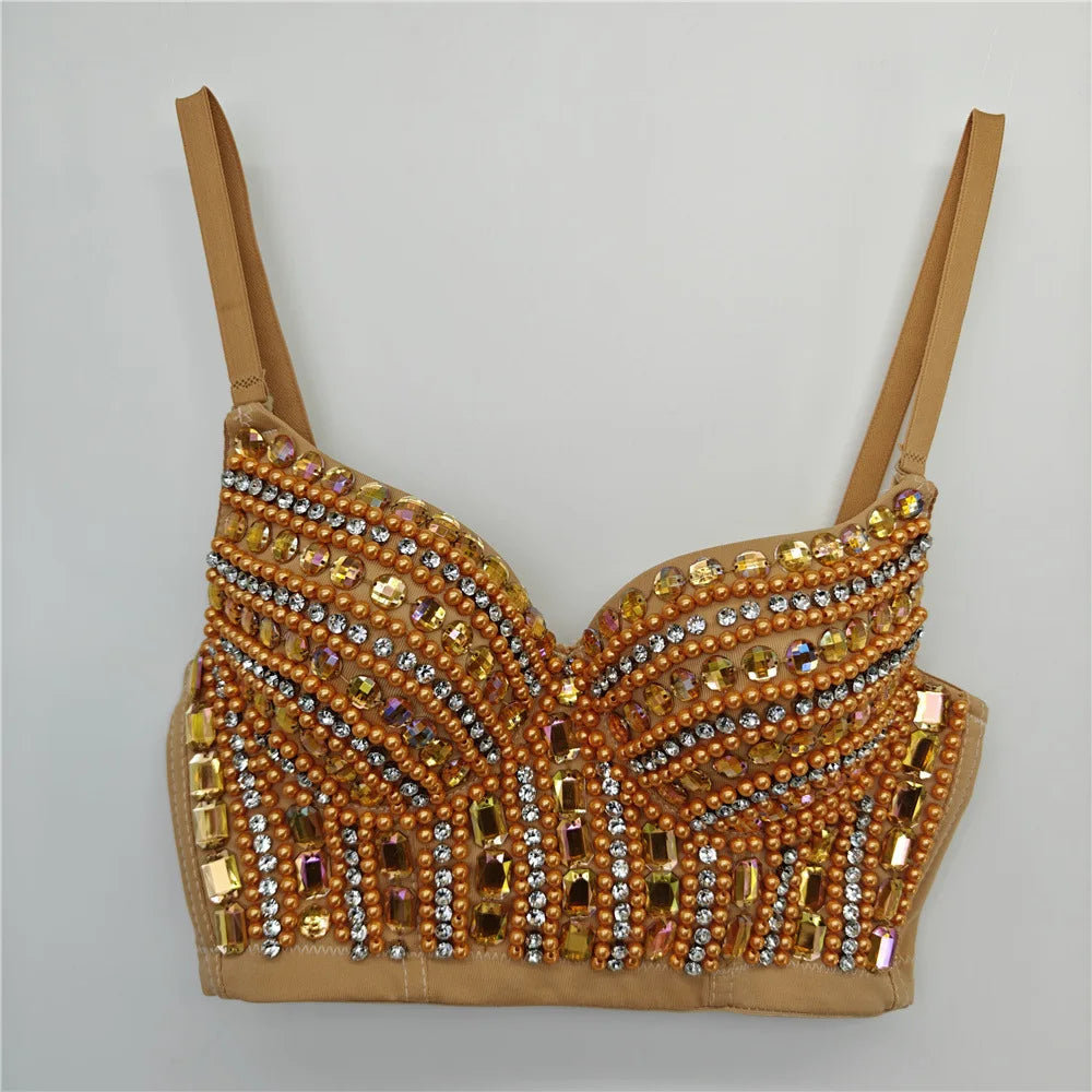 Sparkly Rhinestone Corset Tank Top Showgirl Stage Performance Bra Bustier