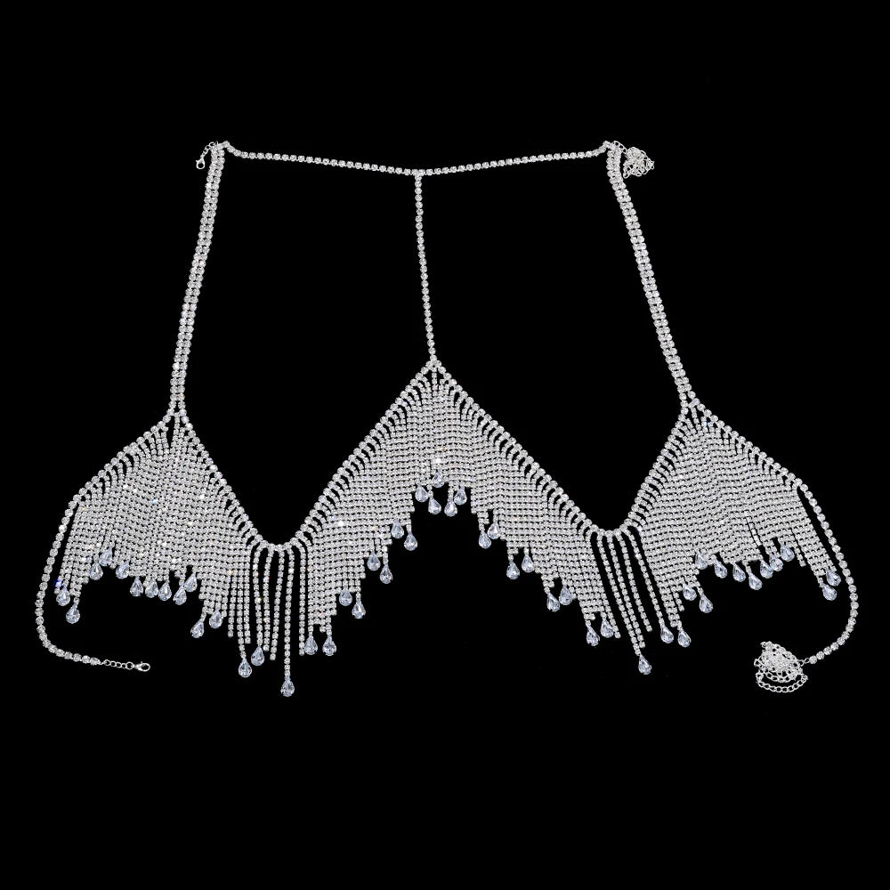 Rhinestone Tassel Bikini Chest Chain - Sexy Bohemian Beach Body Jewelry in Gold & Silver