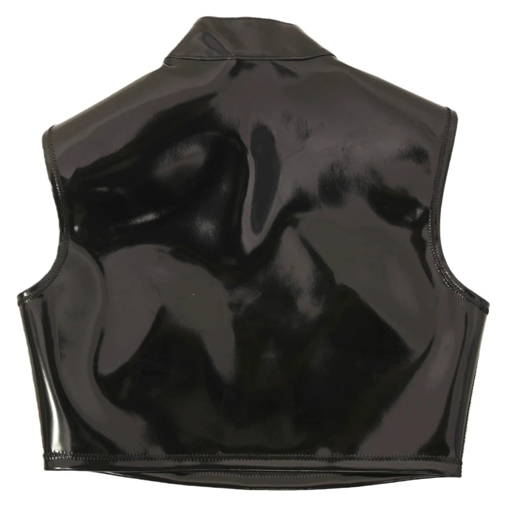 Sexy Women Double Sided Cheongsam Tank Top PU Faux Latex Leather Short Top PVC Elastic Glossy Shiny Stage Dance Wear Plus