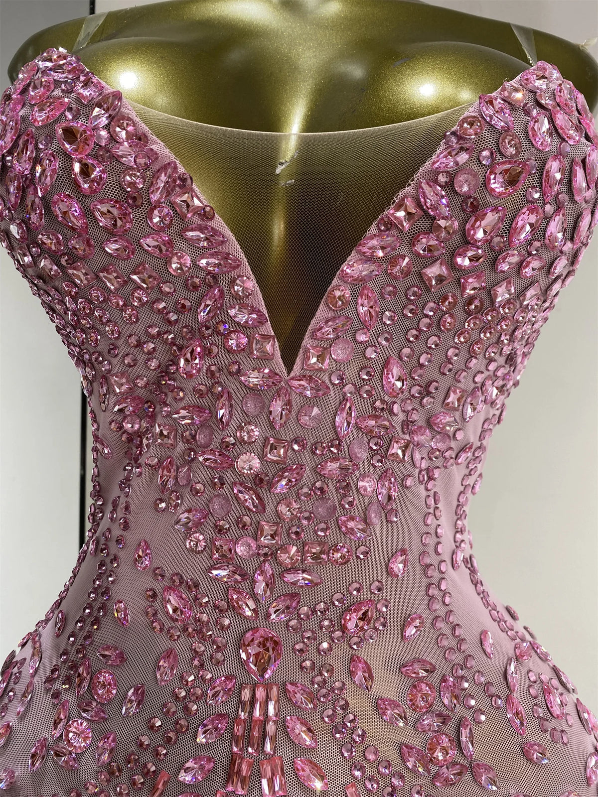 Vintage-Inspired Shiny Rhinestones Tassel Mesh Bodysuit Costume Set
