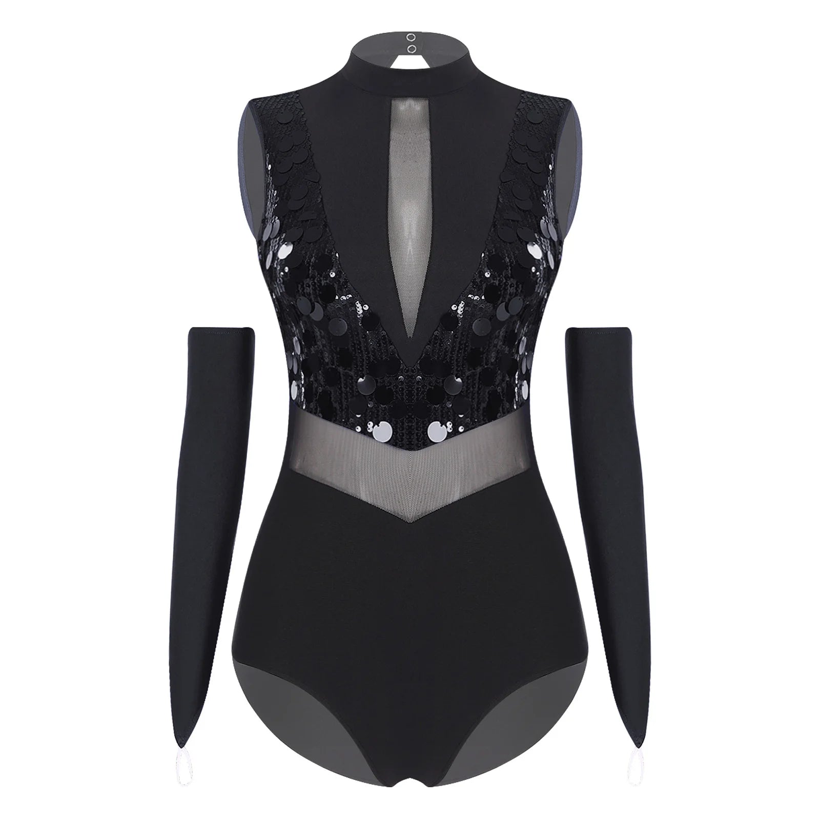 Sparkly Sequin Mock Neck Dance Leotard & Gloves Two-Piece Bodysuit Set