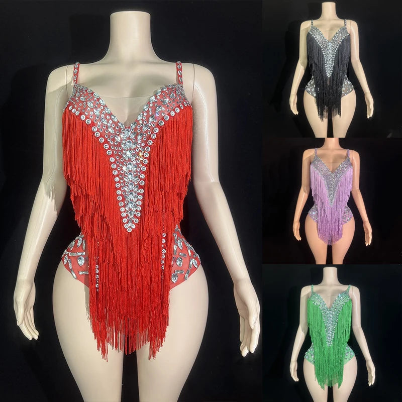 Custom Fringe Rhinestone Bodysuit & Stage Performance Dance Costume
