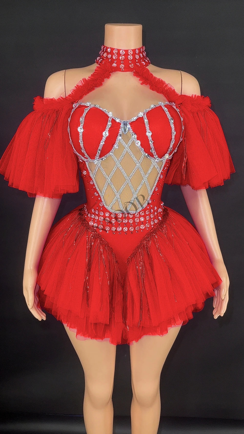 Sparkly Sequin Tassel Puff Sleeve Mesh Bodysuit Showgirl Stage Dance Leotard
