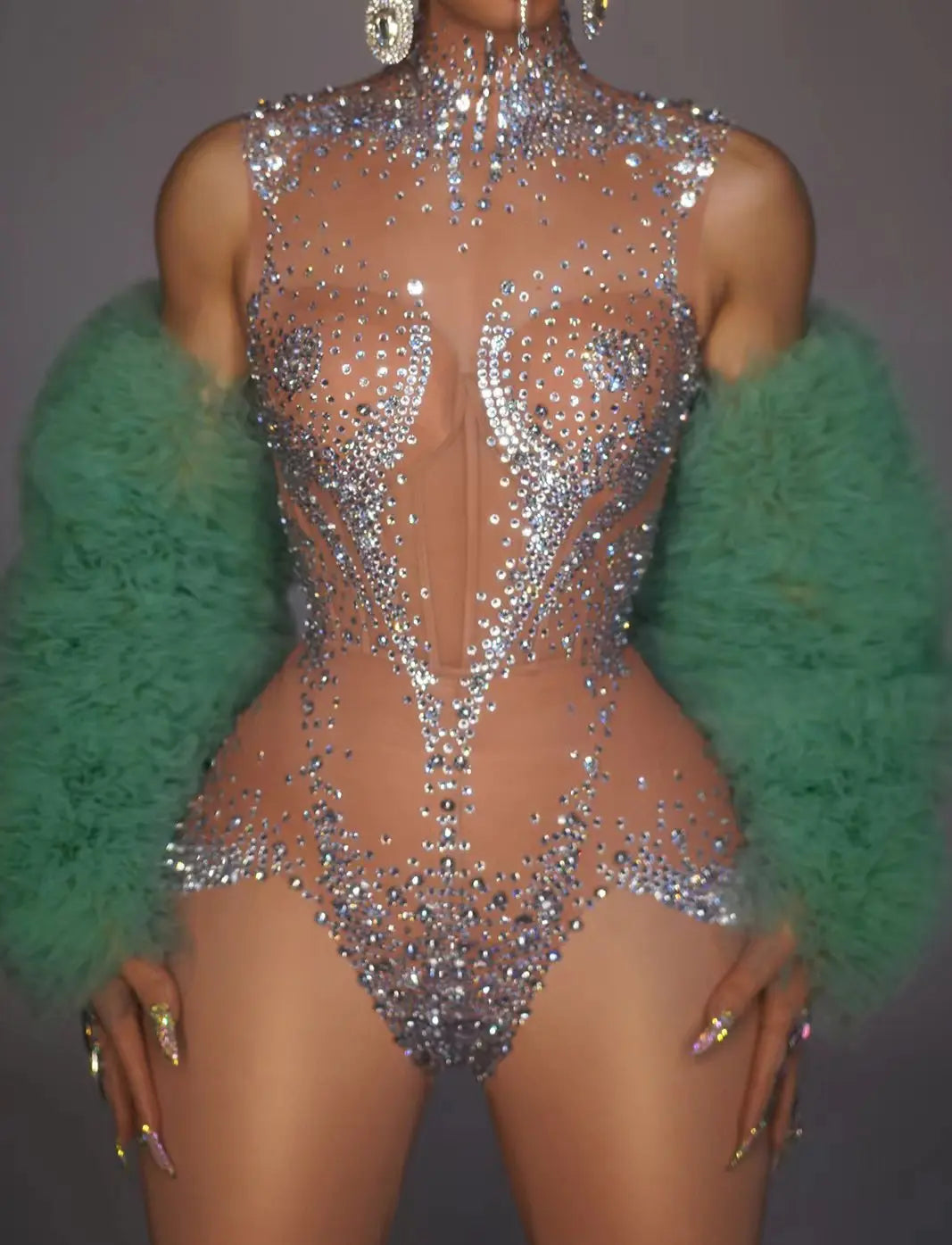 Crystal Mesh See-Through Pole Dance Leotard & Rhinestone Bodysuit Romper