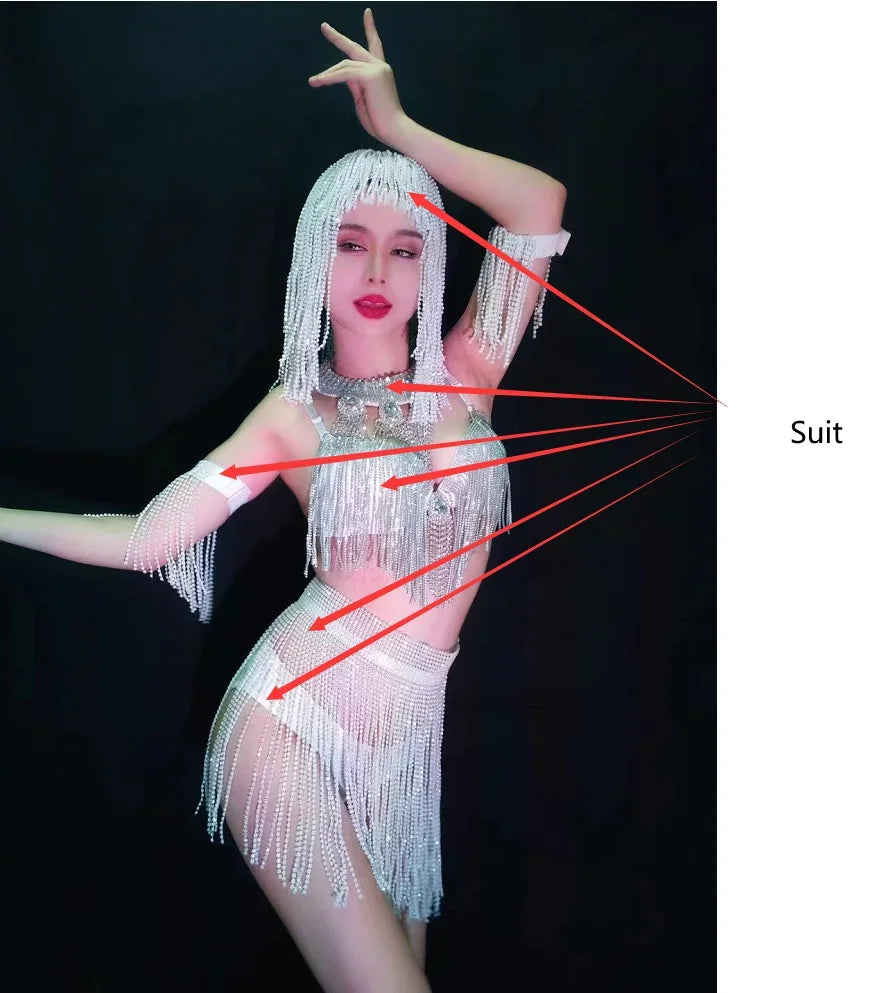 Luxury Crystal Tassel Bikini & Wig Performance Set – Premium Showgirl Stage Costume for GoGo Dancers, Nightclub DJs & Rave Outfits