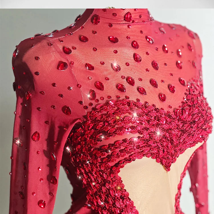 Crystal Rhinestone Mesh Long Sleeve Vintage Inspired Dress with Sequins and Skirt