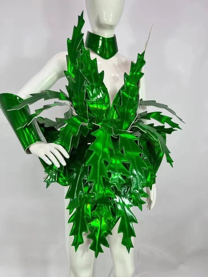 Emerald Laser Leaf Sculptural Bodysuit & Collar 2-Piece Drag Queen Carnival Stage Costume