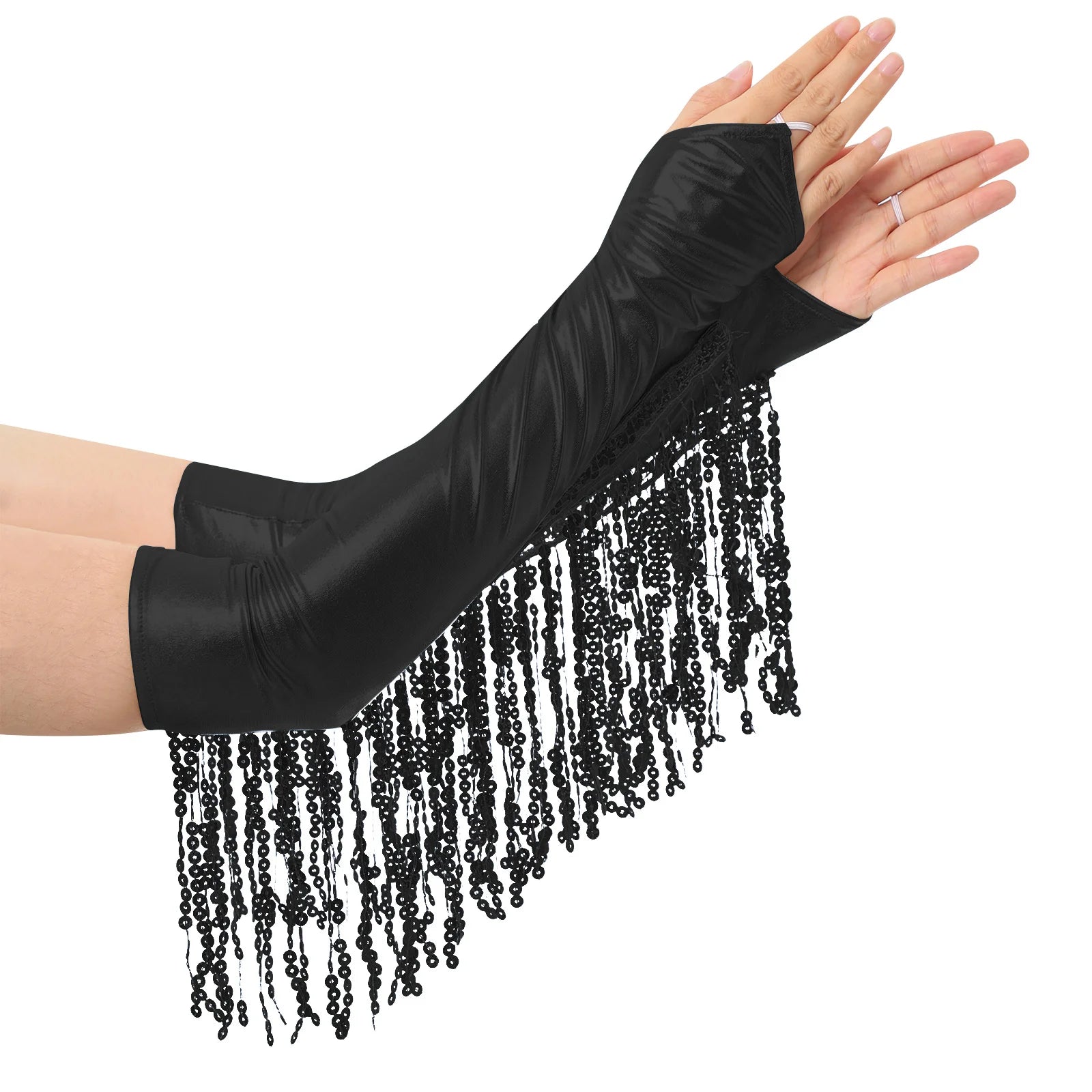 Sequined Fringe Latin Dance & Figure Skating Jumpsuit Leotard Set with Mesh Gloves