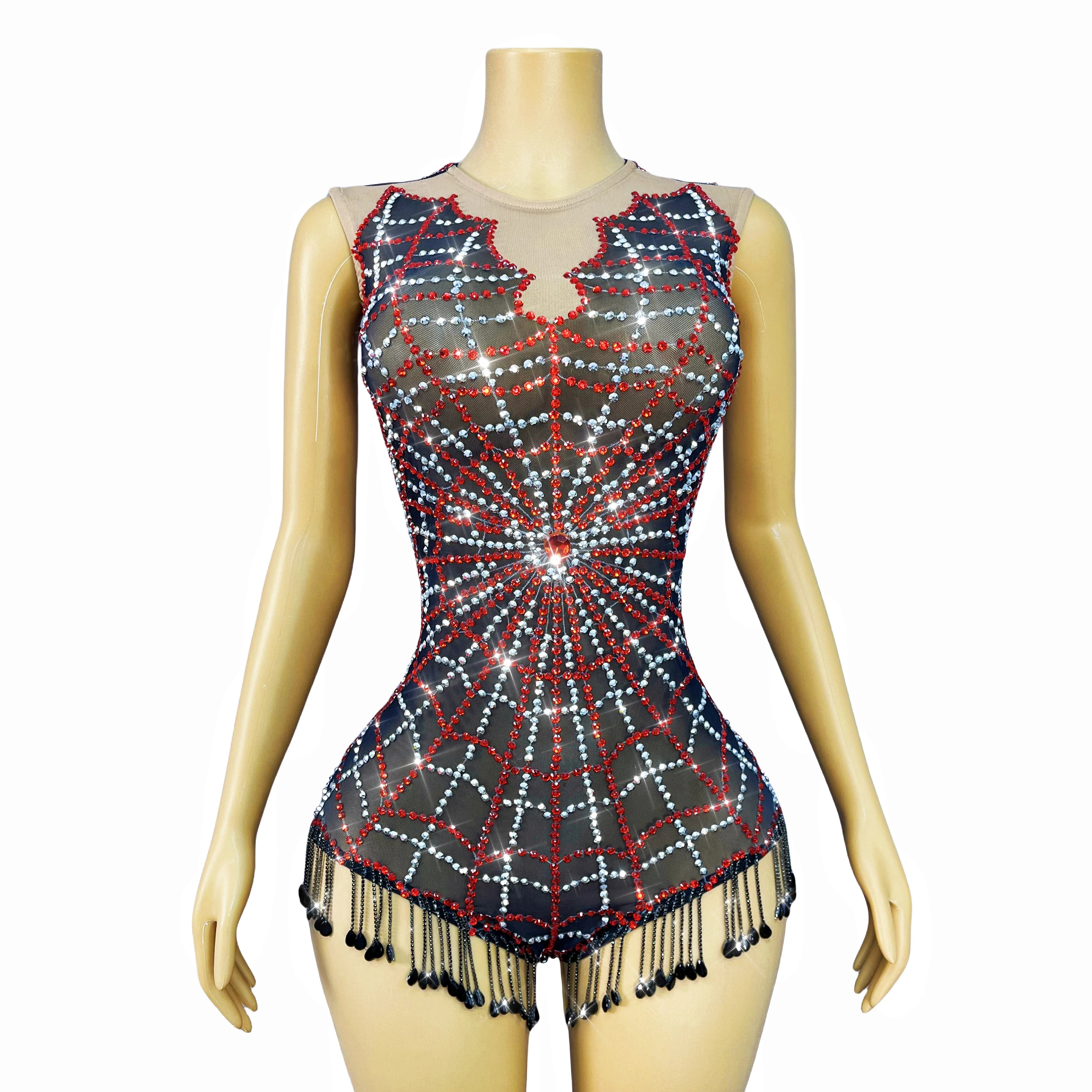 Spiderweb Rhinestone High-Cut Stage Bodysuit Halloween Dance Performance Leotard