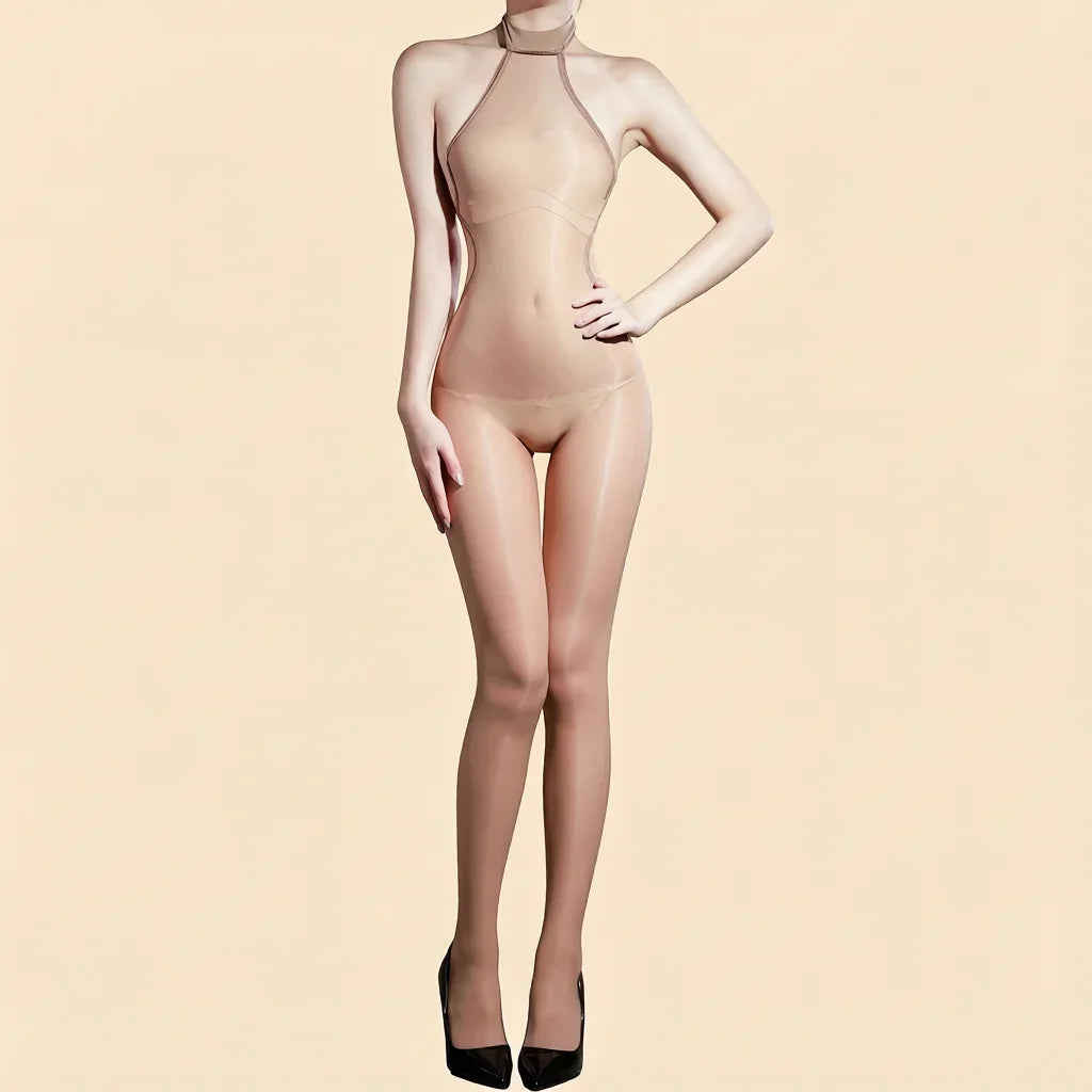 5D 912 PIN Backless Halter Bodysuit Women Backless Jumpsuit Oil Shiny Glossy Elastic Yoga Shaping  Tights Maid Party Leotard