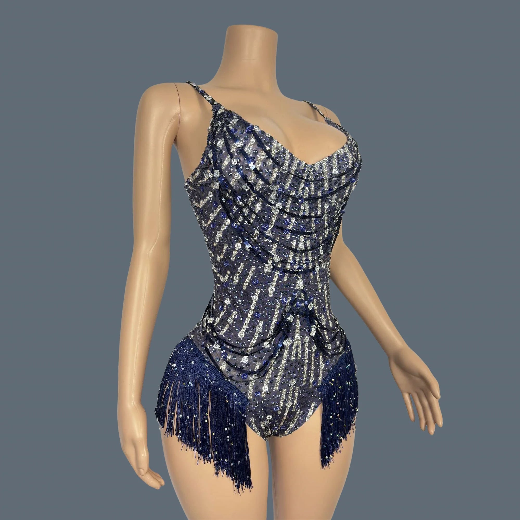 Sparkly Rhinestone Tassel Fringe Dance Leotard Nightclub Stage Performance Bodysuit