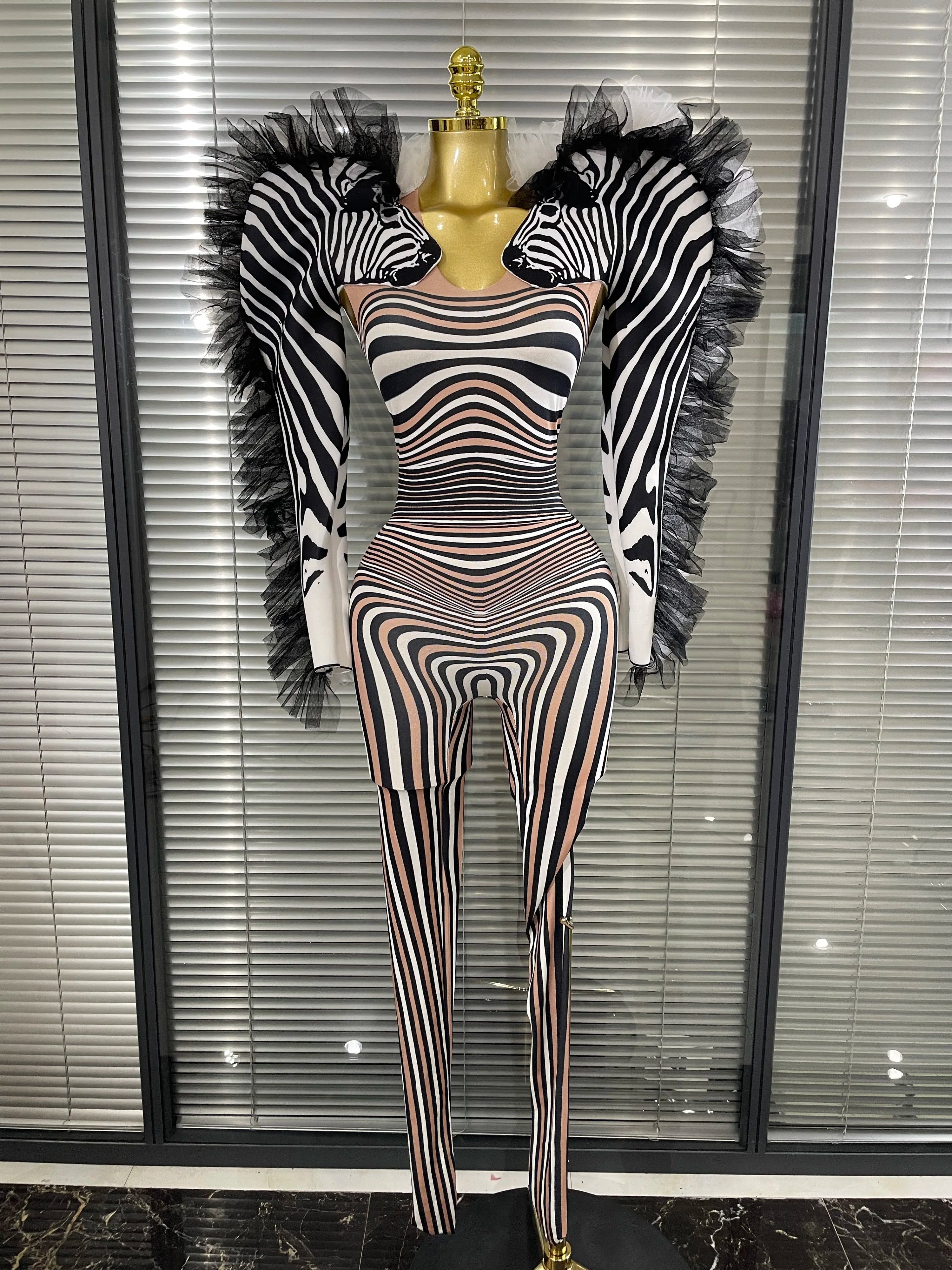 Zebra Print Illusion Catsuit & Feather Wing Bolero Jacket 2-Piece Stage Costume Set