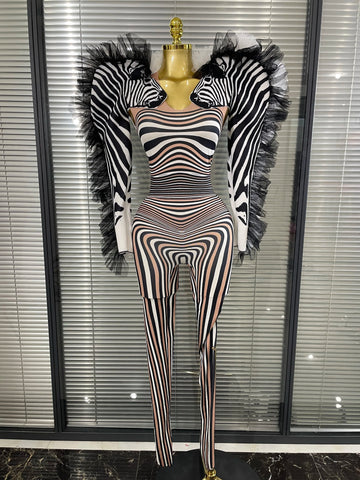 Zebra Print Illusion Catsuit & Feather Wing Bolero Jacket 2-Piece Stage Costume Set