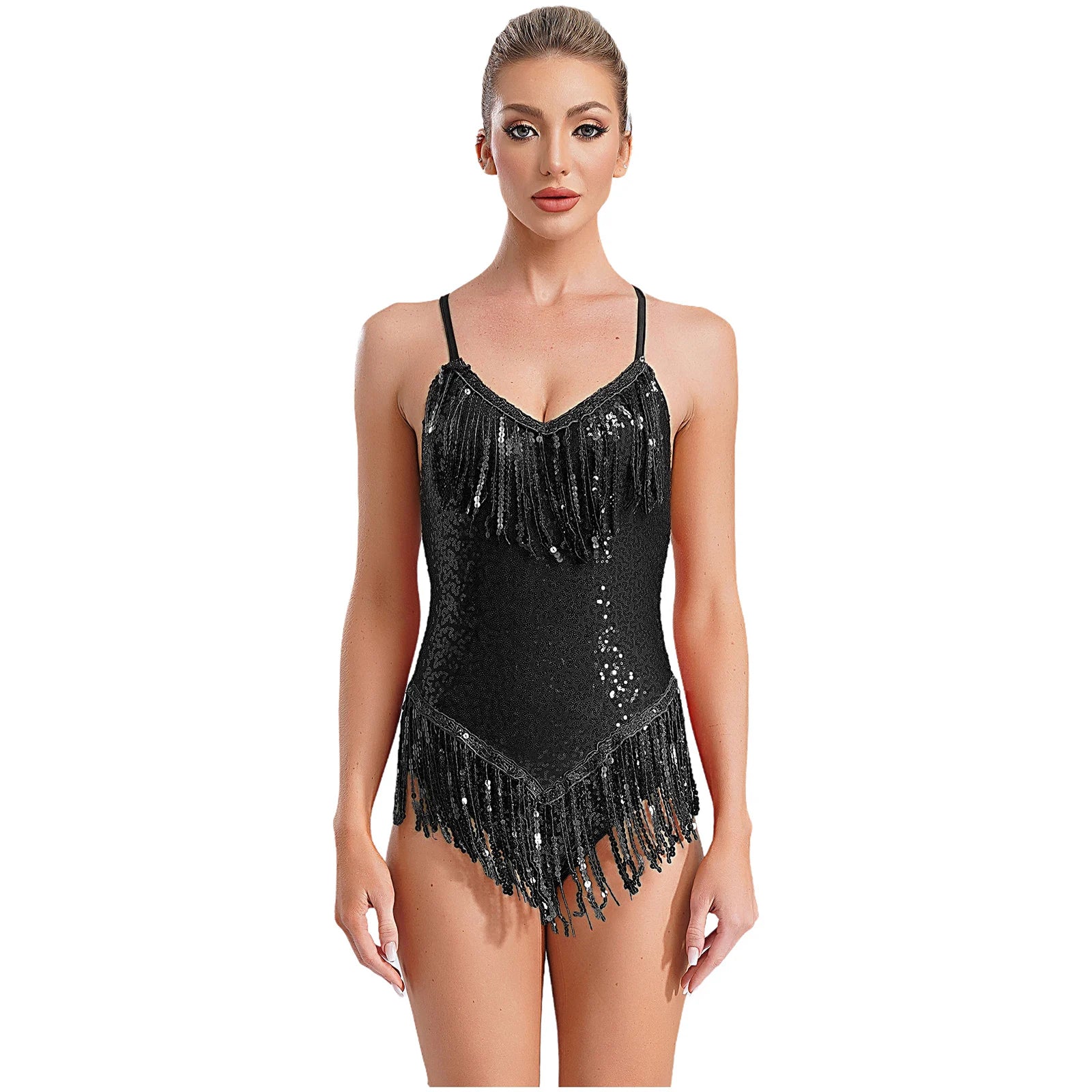 Sequins Fringed Cross Back Latin Dance Leotard Sleeveless V-Neck Bodysuit