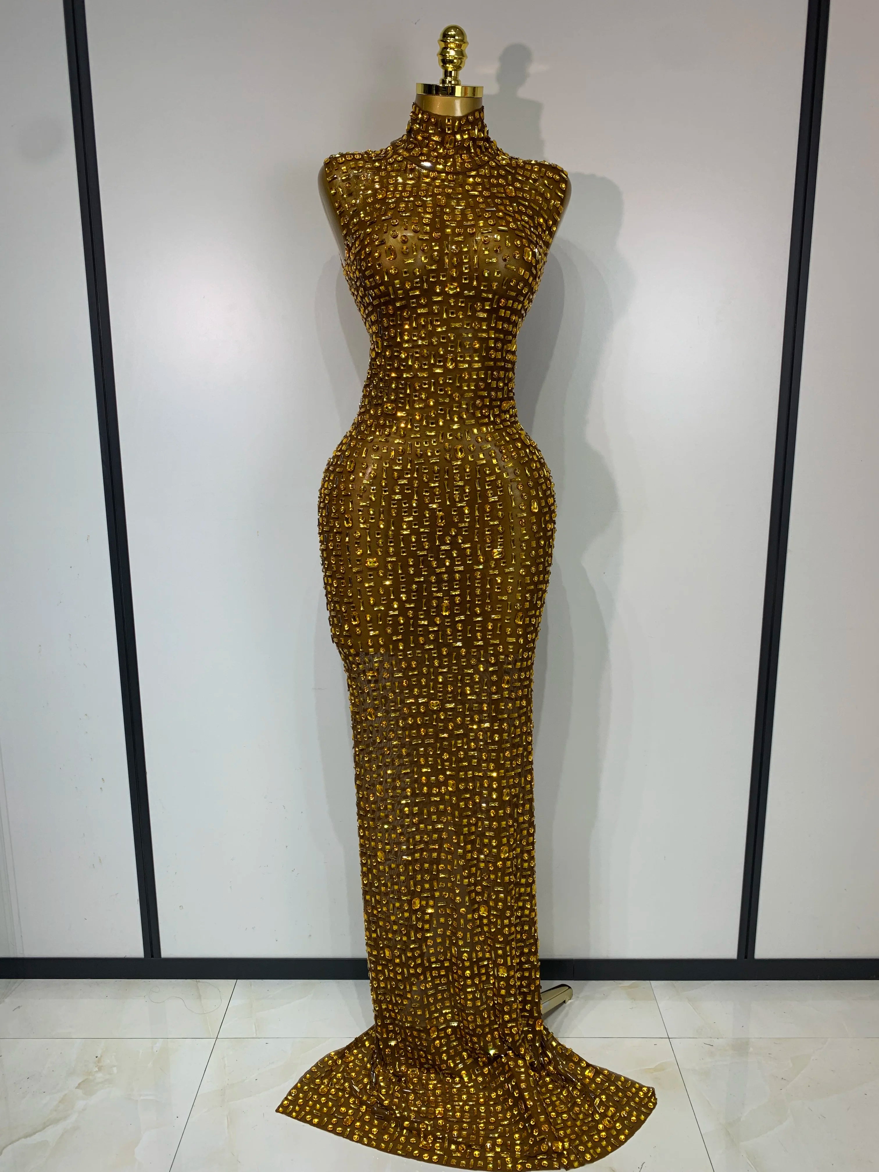 Sparkly Rhinestone Sleeveless Maxi Long Dress See-Through Sheer Mesh Stage Outfit