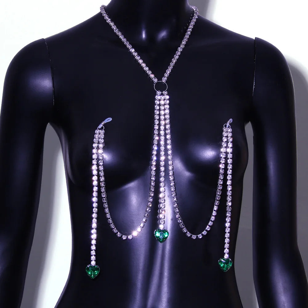 Dazzling Rhinestone Fringed Chest Chain & Love Heart Body Jewelry
