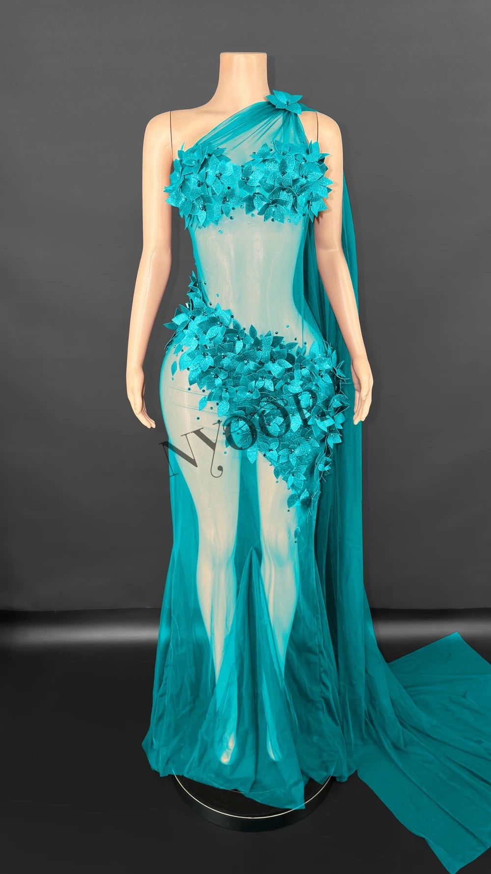 Sheer Rhinestone Applique Evening Gown Long Tail Showgirl Stage Performance Dress
