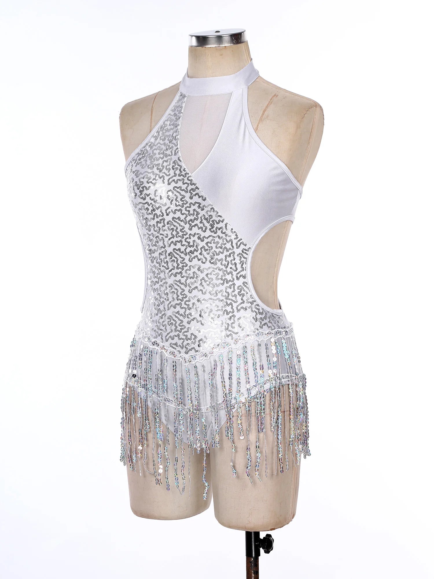Sequined Fringe Latin Dance & Figure Skating Jumpsuit Leotard Set with Mesh Gloves