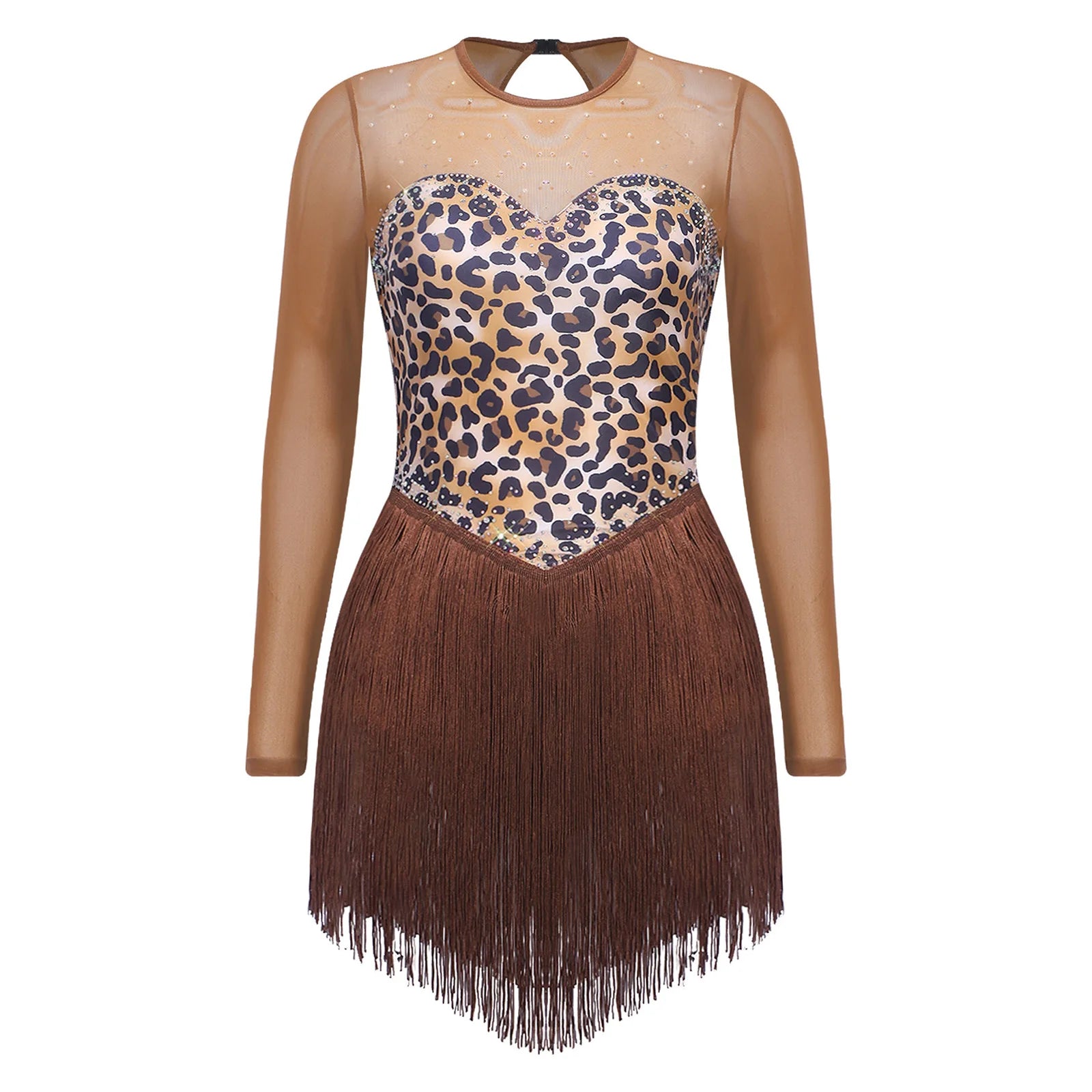 Leopard Rhinestone Fringe Latin Dance Bodysuit Mesh Long Sleeve Stage Performance Dress