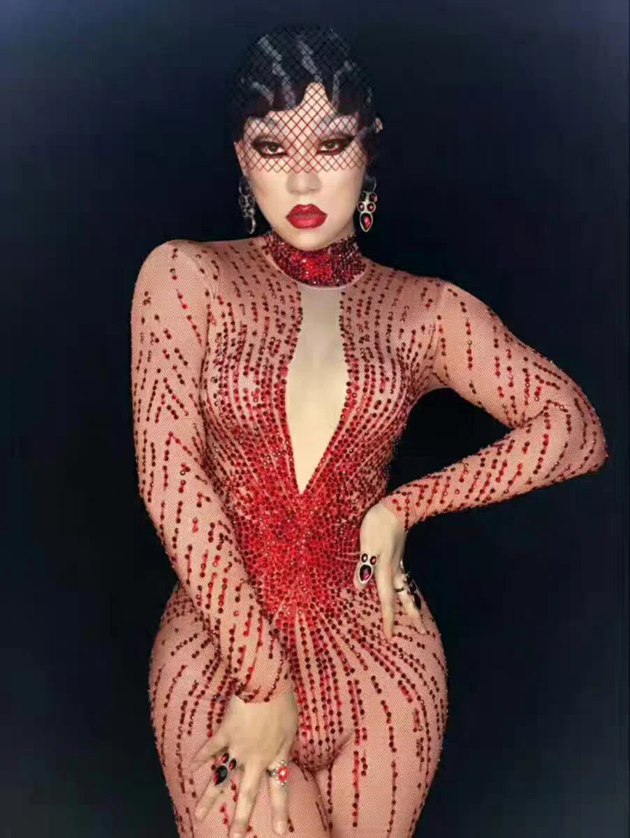 Crimson Red Rhinestone Catsuit Long Sleeve Illusion Stage Performance Jumpsuit