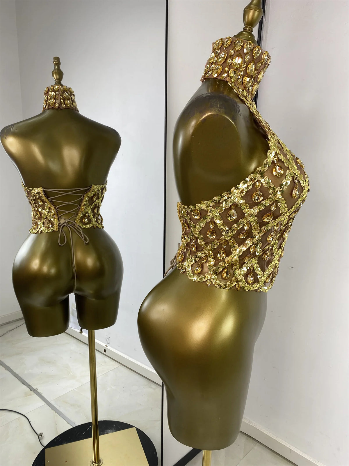 Sparkly Rhinestones Sequins Mesh Laced-Up Back Top
