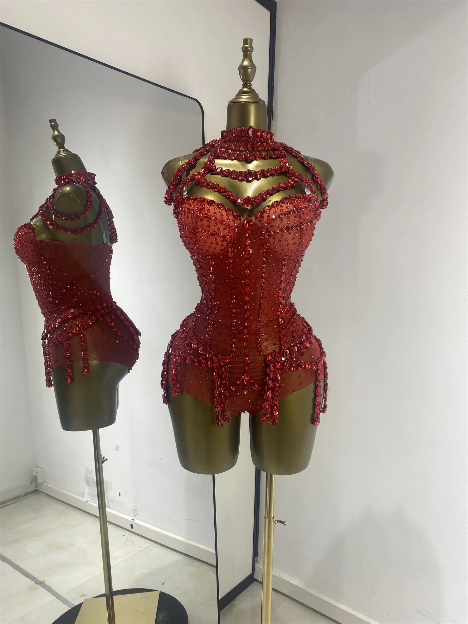Crimson Red Rhinestone Corset Bodysuit & Embellished Choker 2-Piece Stage Costume Set