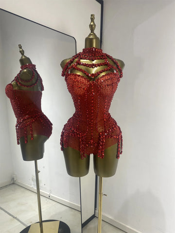 Crimson Red Rhinestone Corset Bodysuit & Embellished Choker 2-Piece Stage Costume Set
