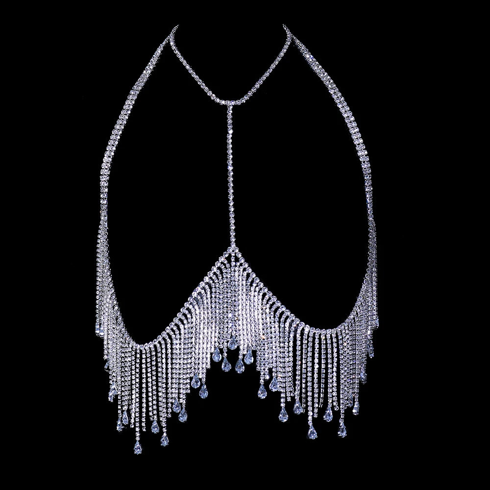 Rhinestone Tassel Bikini Chest Chain - Sexy Bohemian Beach Body Jewelry in Gold & Silver