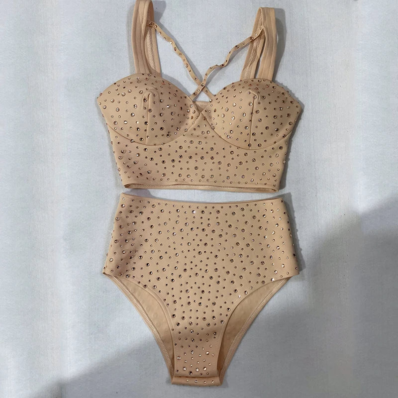 Skin Tone High-Waist Rhinestone Bikini Shorts & Pole Dance Performance Outfit