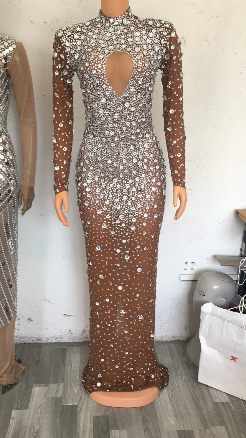 Sparkling Full Crystal Illusion Jumpsuit Long Sleeve Rhinestone Catsuit Stage Wear