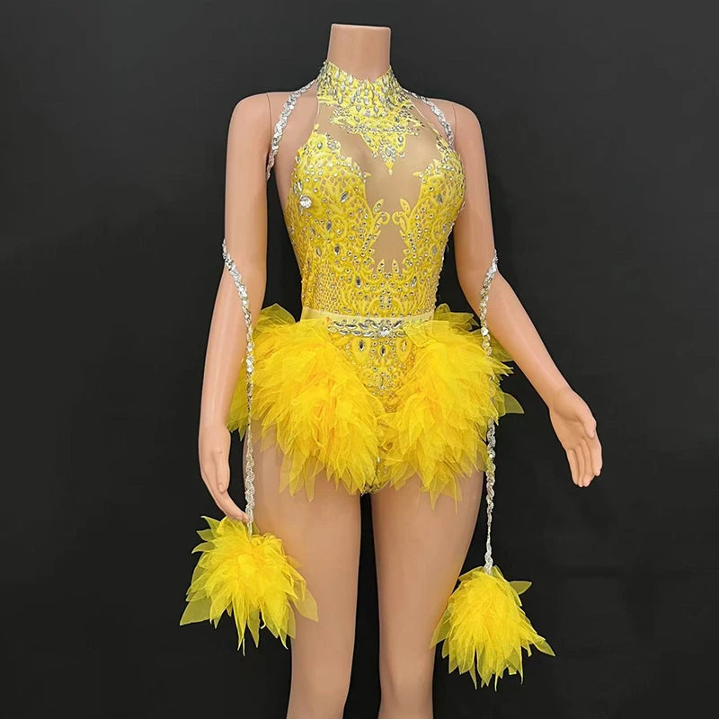 Rhinestone Feather Embellished Bodysuit & Showgirl Stage Dance Costume