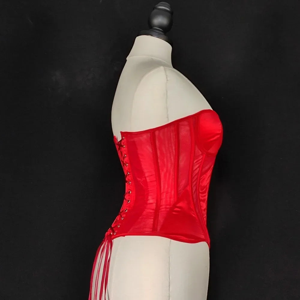 Strapless Breathable Mesh Corset Bustier Built-In Bra Boned Waist Cincher Top