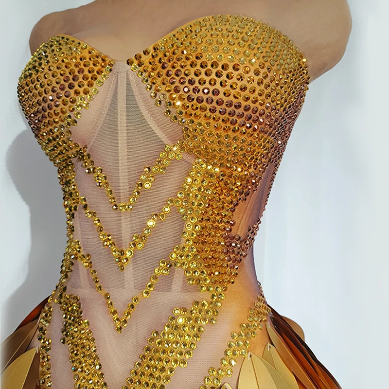 Gold Rhinestone Diamond Leaf Mesh Strapless Long Stage Gown Costume