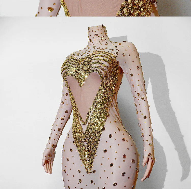 Crystal Rhinestone Mesh Long Sleeve Vintage Inspired Dress with Sequins and Skirt