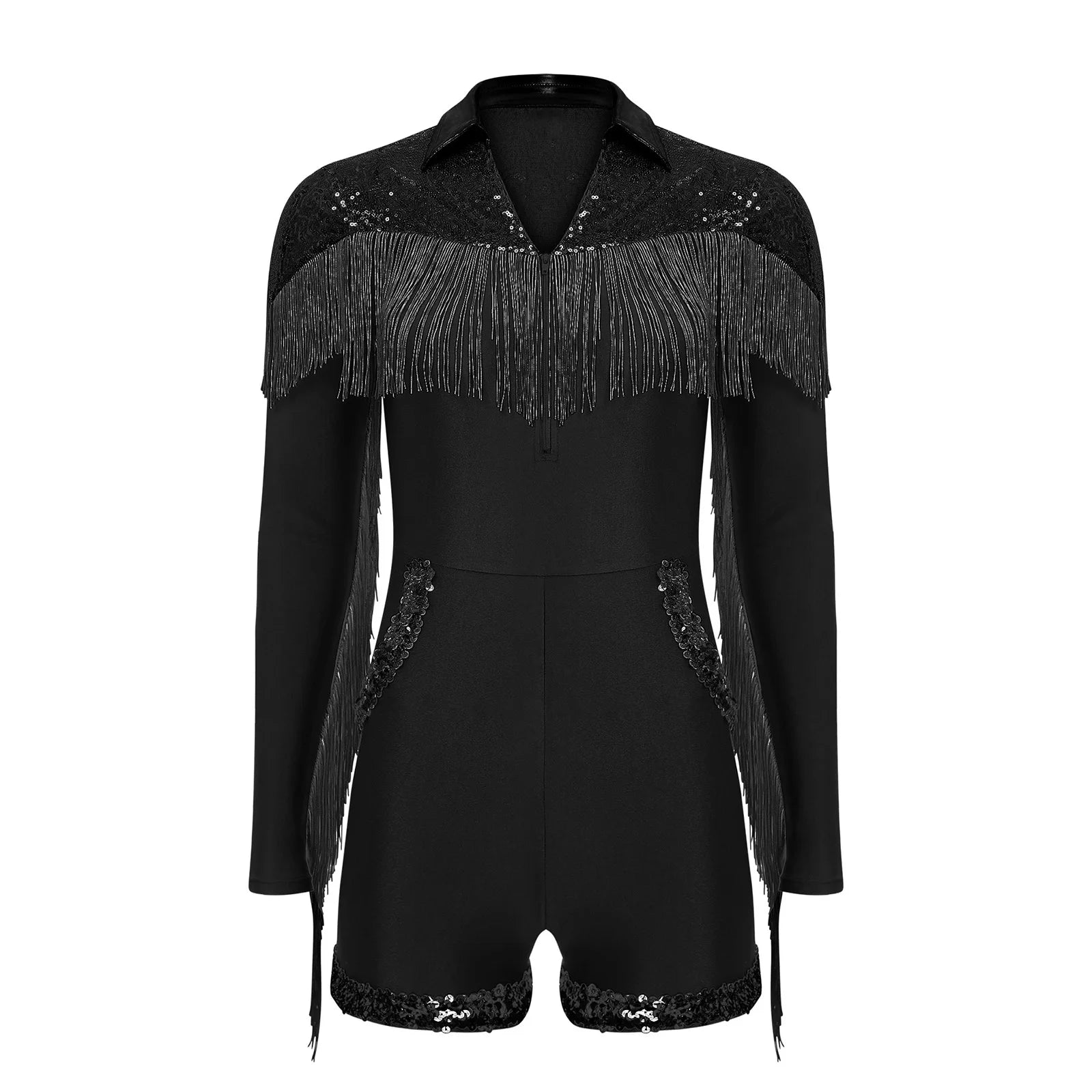 Western Cowgirl Sequin Fringe Long Sleeve Bodysuit Disco Dancewear Romper