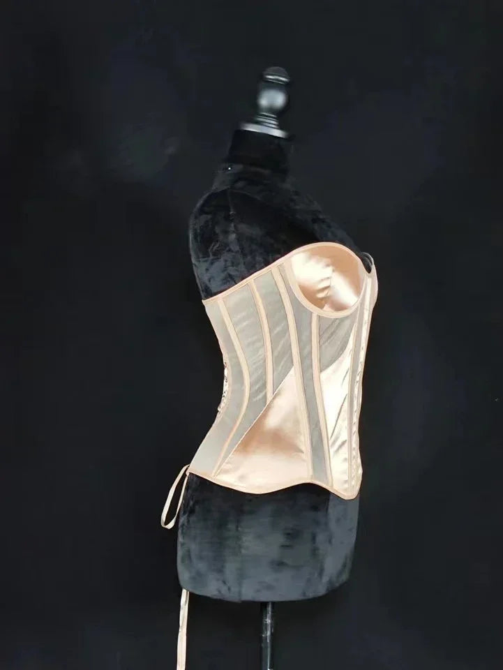 Strapless Breathable Mesh Corset Bustier Built-In Bra Boned Waist Cincher Top