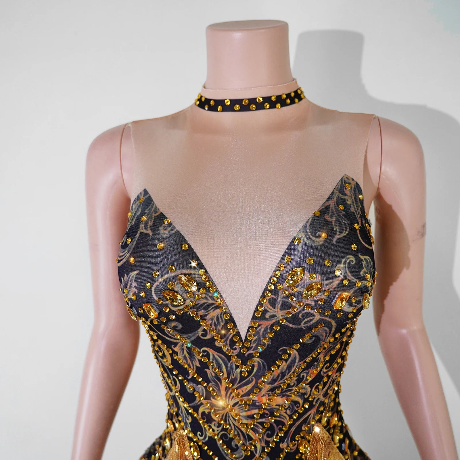 Gold Sequin Halter Bodysuit & Beaded Tassel Fringe Latin Dance Stage Costume