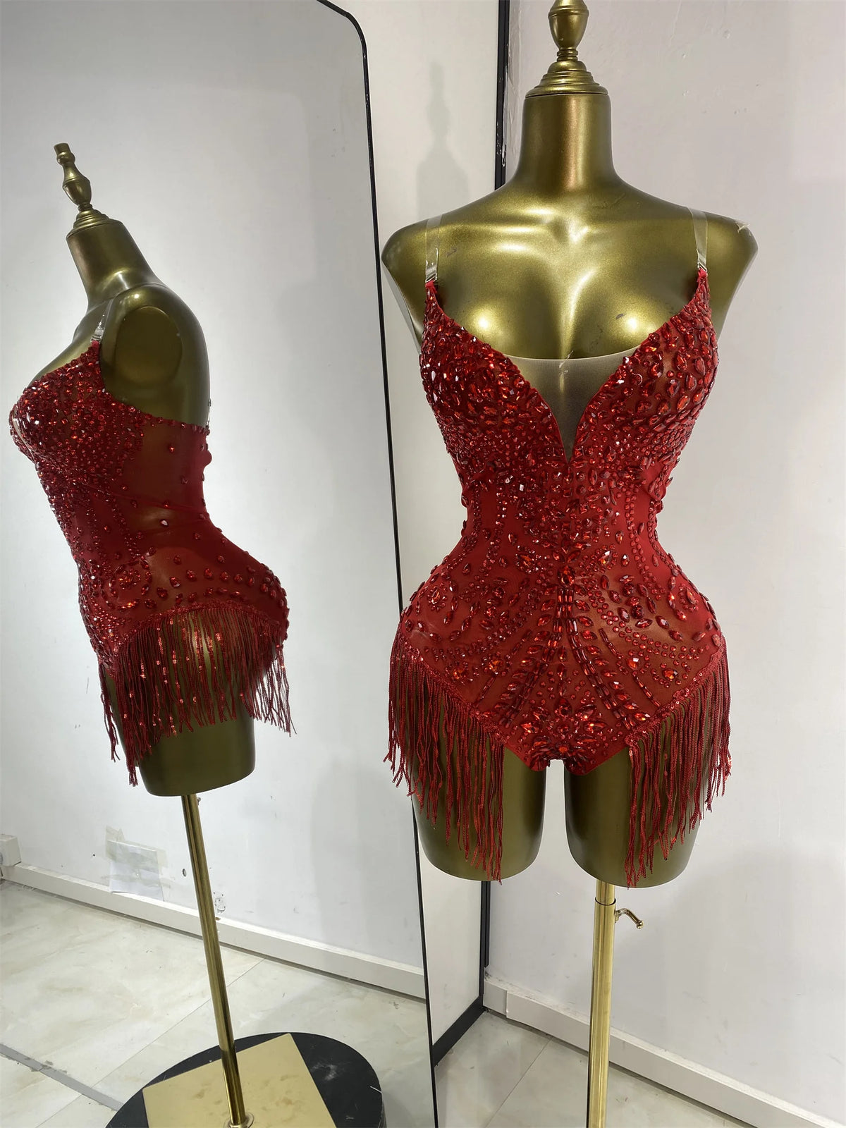 Vintage-Inspired Shiny Rhinestones Tassel Mesh Bodysuit Costume Set